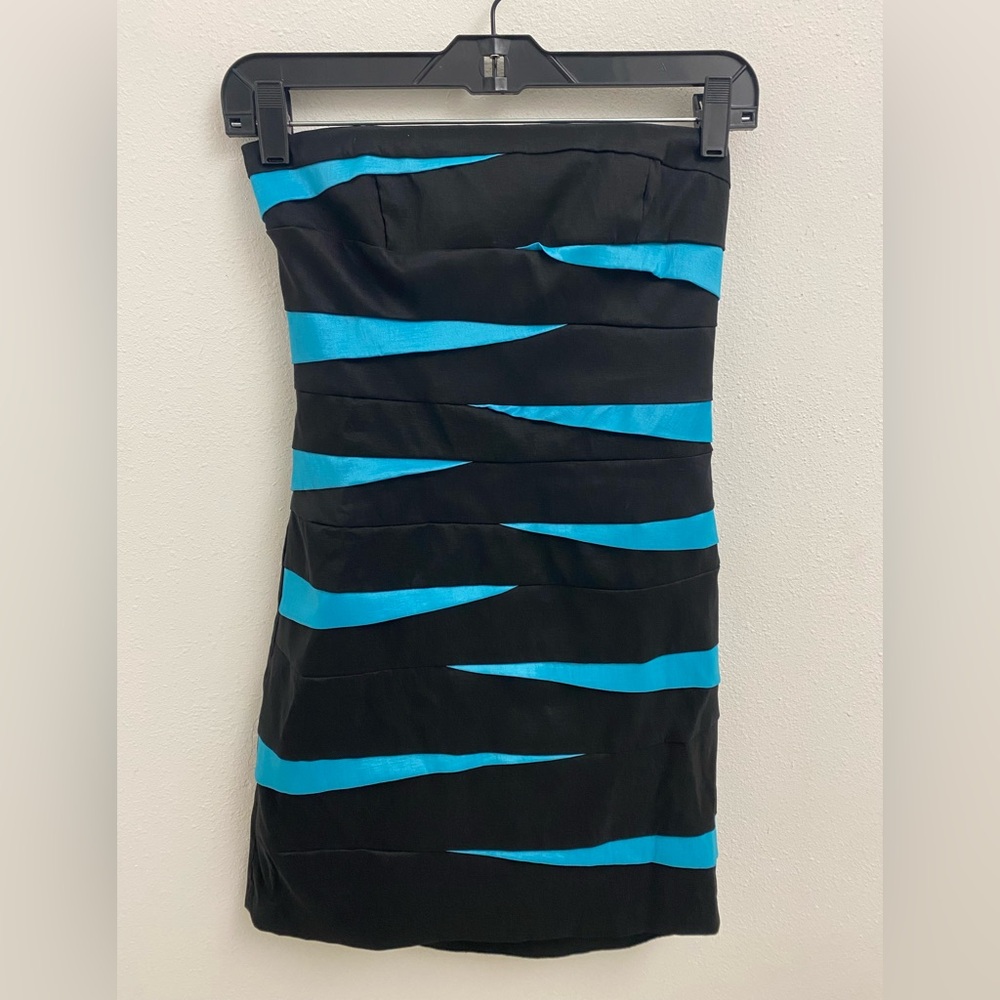 dress, vintage, strapless, black/turquoise, small